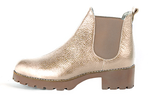 Tan beige women's ankle boots, with elastics. Round toe. Low rubber soles. Profile view - Florence KOOIJMAN